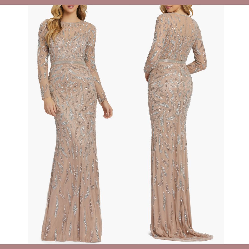 NEW $598 Mac Duggal [‎ 18 ] Beaded Long Sleeve Evening Gown in Mocha